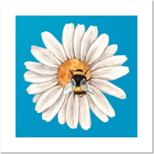 Honey Bee on Daisy Flower in Watercolor Posters and Art